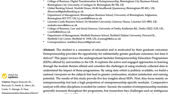 Entrepreneurship Education in the UK: Impact and Future Research Directions
