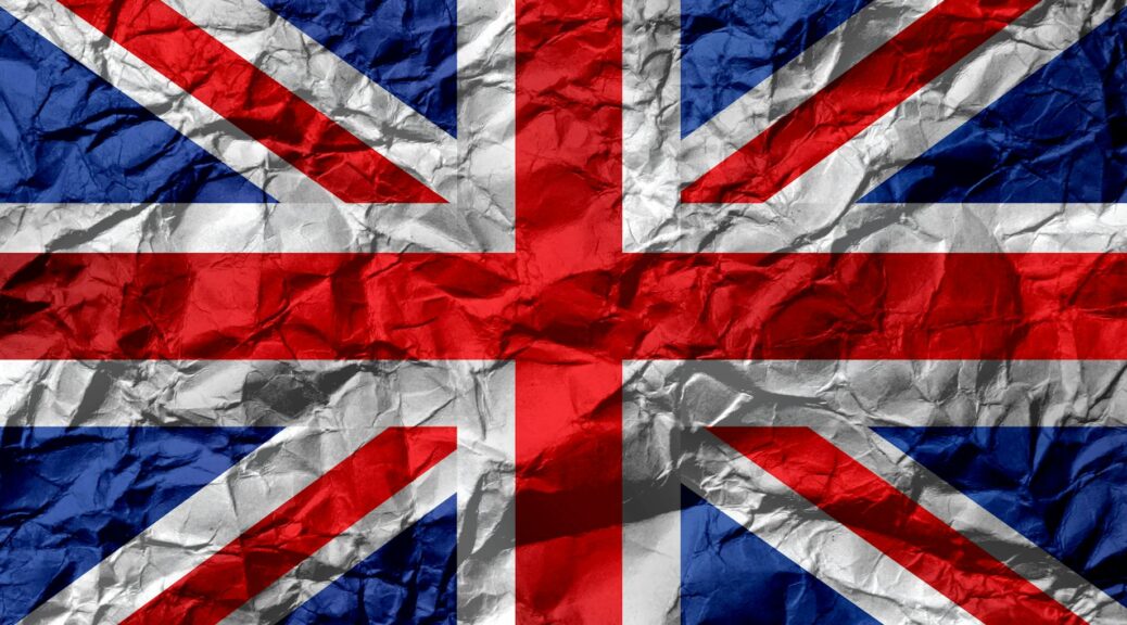 uk flag on creased paper
